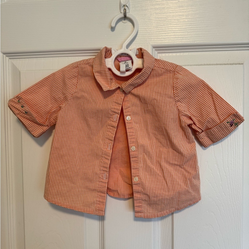 Vintage Gap Orange Checkered Button Shirt Baby Kids Embroidered Floral 6-12M